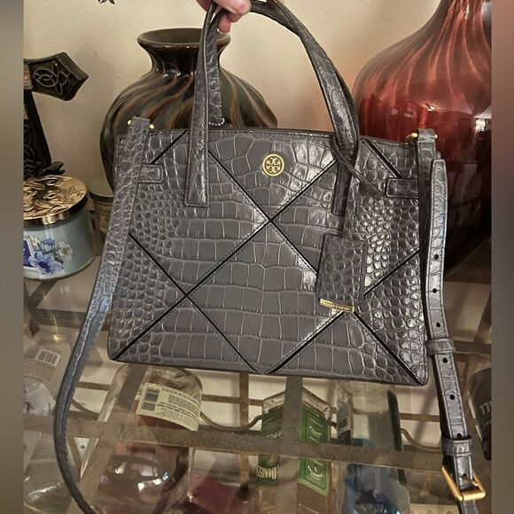 Tory Burch Gray Crocodile Embossed Handbag - Picture 1 of 6